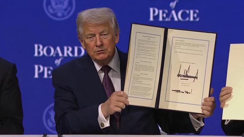 President Donald Trump opened a signing ceremony for his Board of Peace on the sidelines of the World Economic Forum in Davos on Thursday, saying that it was a "very exciting day."