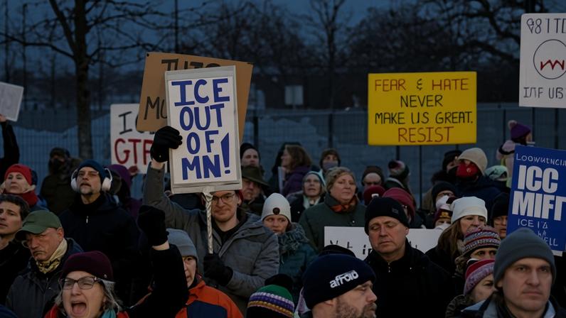 People protest against the fatal shooting of Renee Nicole Good by an ICE agent in Minneapolis.