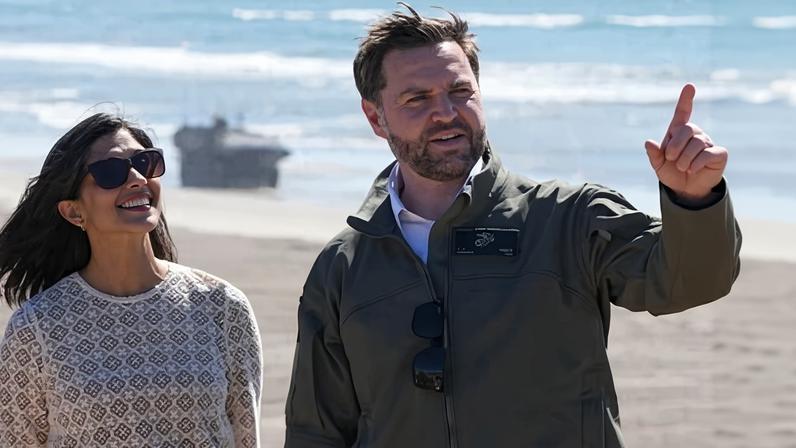 JD and Usha Vance watch a demonstration by Marines in Camp Pendleton, California, on 18 October 2025.