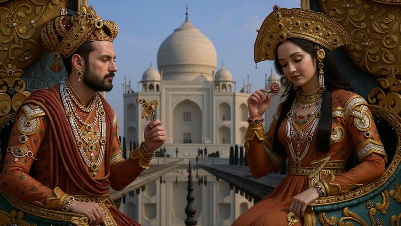 Montagem doTaj mahal com uma representação de Shah Jahan e Mumtaz Mahal.