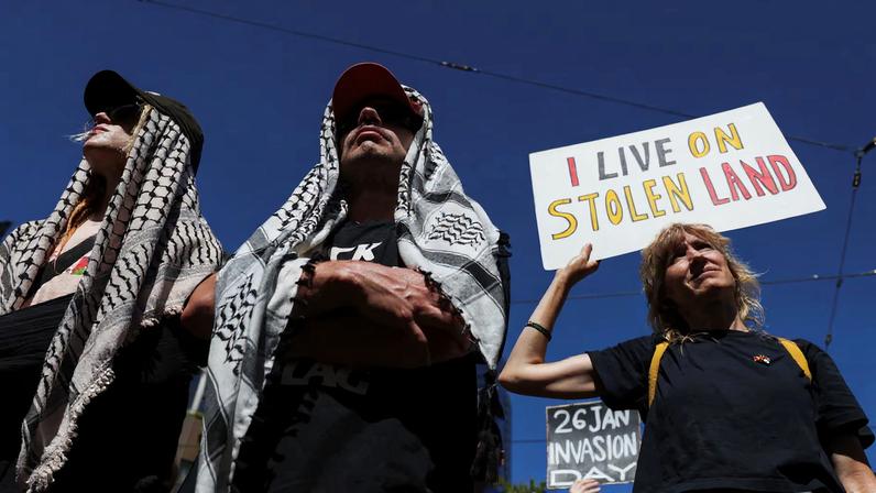 Protestors attend an "Invasion Day" rally on Australia's national day, Australia Day, in Melbourne, Australia January 26, 2026. REUTERS/Hollie Adams