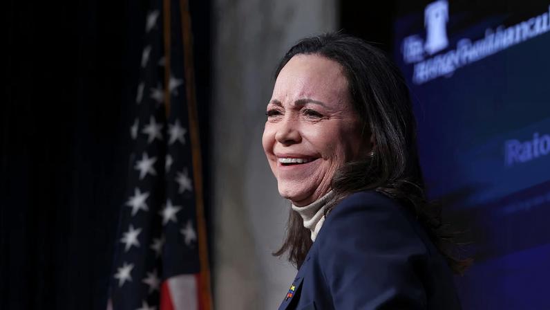 Venezuelan opposition leader Maria Corina Machado attends a press conference in Washington