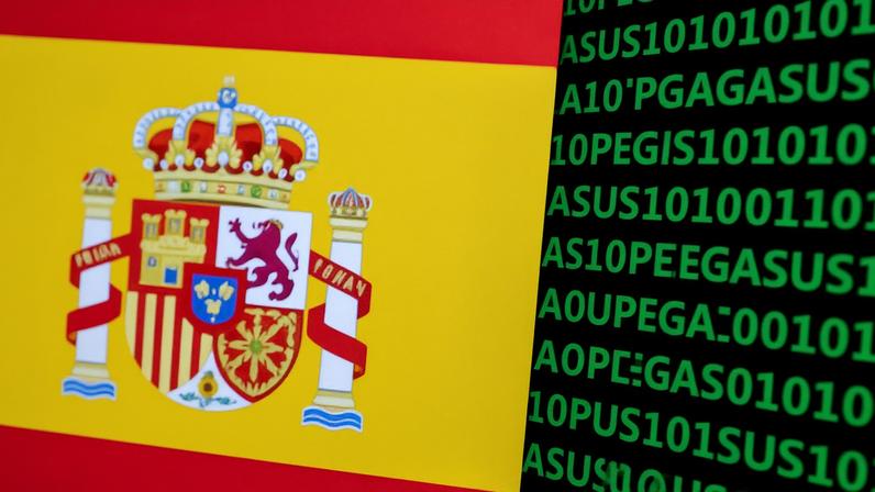 The word Pegasus, binary code and the Spanish flag are seen in this illustration taken May 4, 2022. REUTERS/Dado Ruvic/Illustration/File Photo