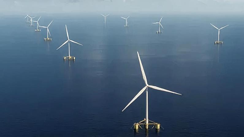 Cerulean Winds An illustration of wind farms on the Aspen site in the North Sea. The turbine are installed on floating platforms. The sea is a dark blue under a light blue sky.