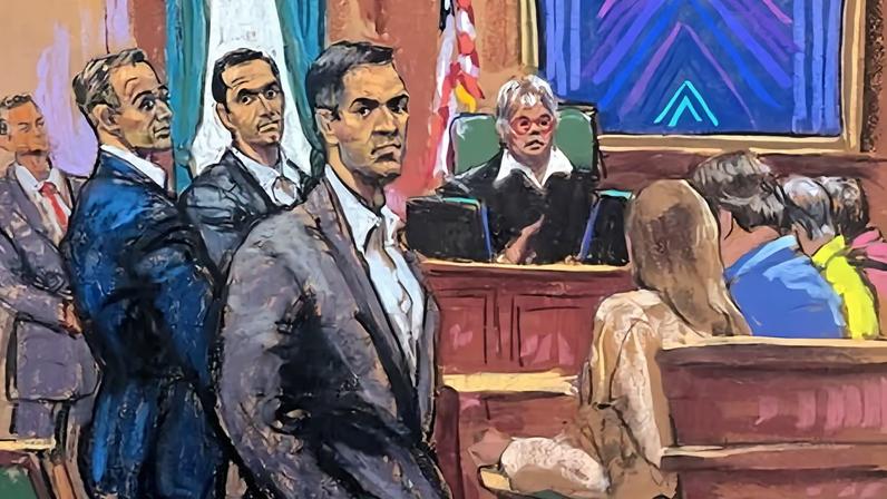 In this courtroom sketch, Tal, Alon and Oren Alexander last week.