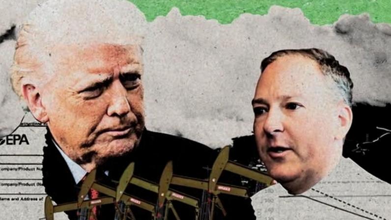 an illustration of the heads of two men against images of pollution clouds and oil
