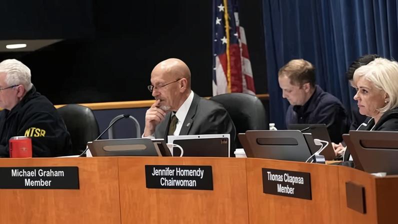 NTSB chair Jennifer Homendy and other board members listen to testimony during a hearing on the midair aircraft collision that killed 67, in Washington DC, on Tuesday.