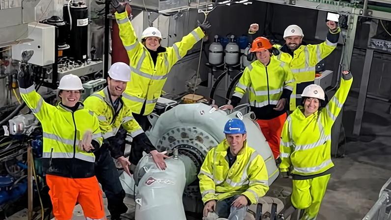 The engineering team at the RheEnergise demonstration plant. The design means the principles of hydropower could be used in many more locations than traditional hydropower dams.