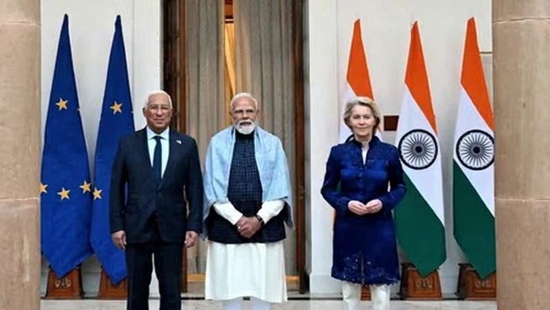 India’s prime minister Narendra Modi with European Commission president Ursula von der Leyen and European Council president Antonio Costa.