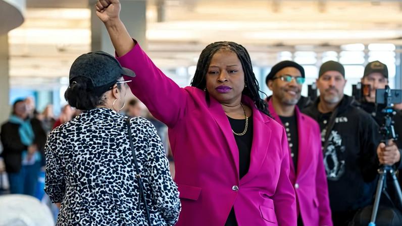 Nekima Levy Armstrong at an anti-ICE rally in St Paul on Monday.