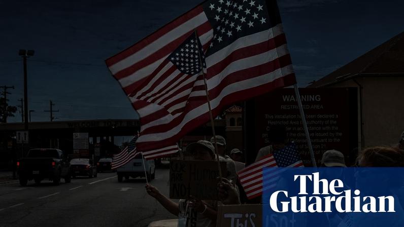 Protesters oppose the Trump administration’s immigration crackdown outside Fort Bliss, the military base where Camp East Montana is located.