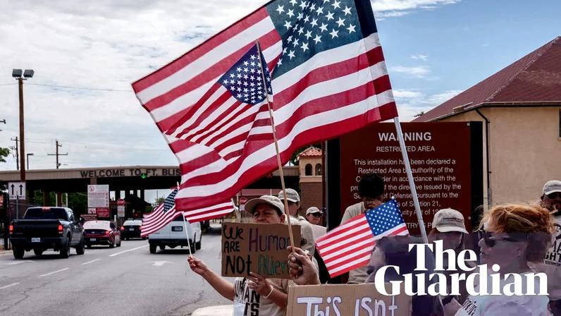 Protesters opposing mass deportations at the Cassidy Gate at Fort Bliss, where Camp East Montana was being built, in El Paso, Texas, on 17 August 2025.
