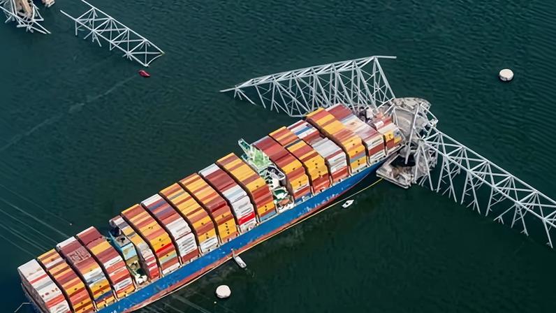The Dali after striking the Francis Scott Key Bridge causing it to collapse into the Patapsco River in Baltimore, on 26 March 2024.