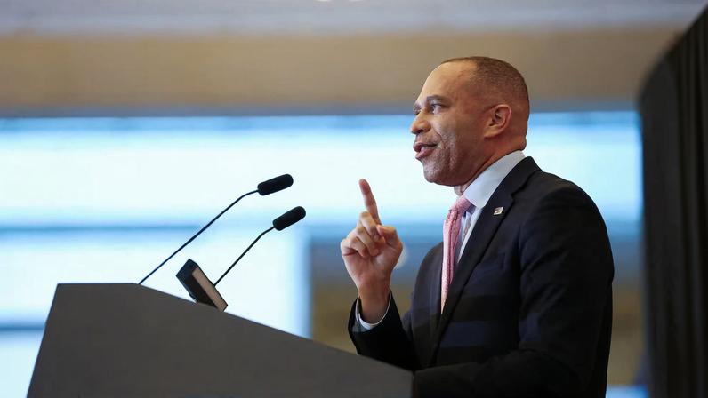 House Democratic Leader Hakeem Jeffries (D-NY) speaks during a statue dedication ceremony in honor of Barbara Rose Johns of Virginia, in Emancipation Hall of the U.S. Capitol in Washington, D.C., U.S., December 16, 2025. REUTERS/Kevin Mohatt