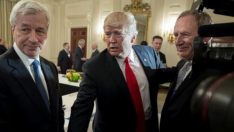 Donald Trump with Jamie Dimon (left) in 2017, when corporate America was scrambling to enter the president’s orbit after his election win.