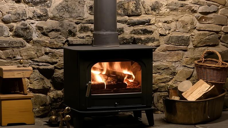 A wood burning stove with logs