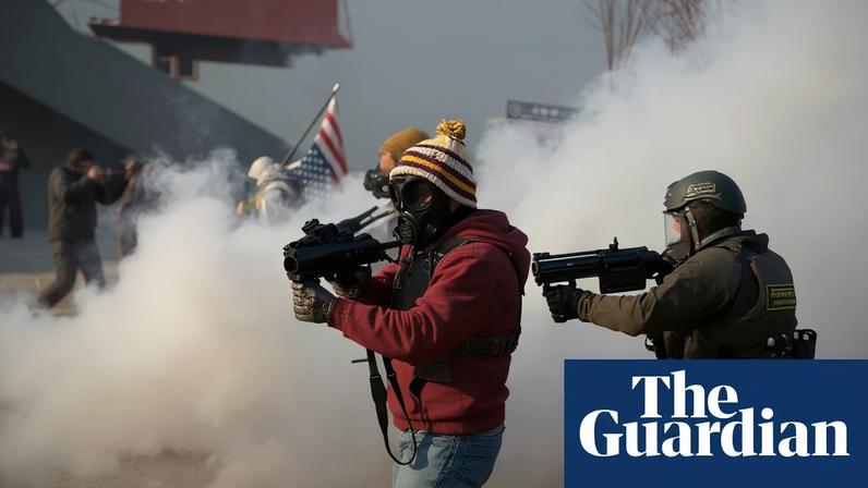 Federal officers move against protesters in Minneapolis, Minnesota, today.