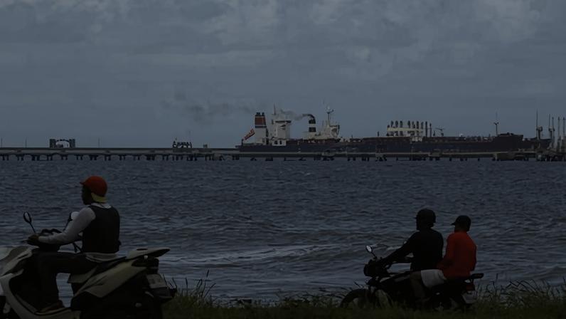 The Guinea-flagged oil tanker MT Bandra, which is under sanctions, lies tied up at El Palito terminal, near Puerto Cabello in Venezuela.