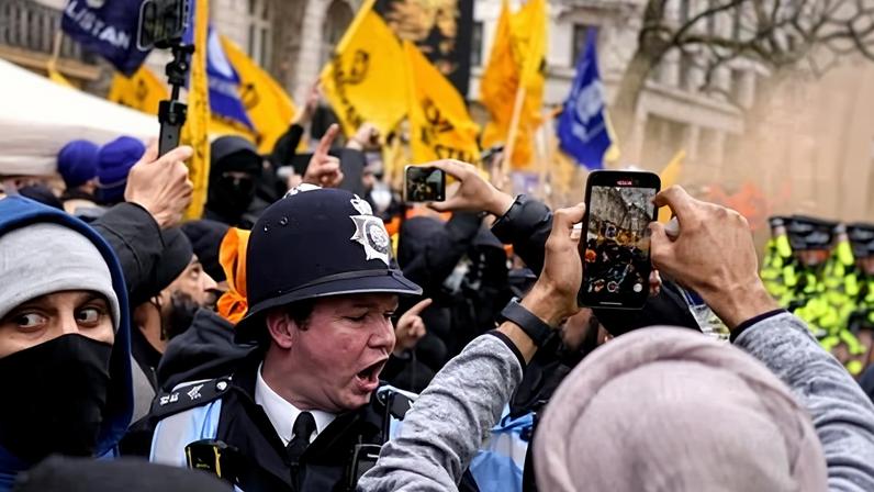 Khalistan movement protesters outside the Indian high commission in London in 2023. Singh Pamma is a figure in the movement.