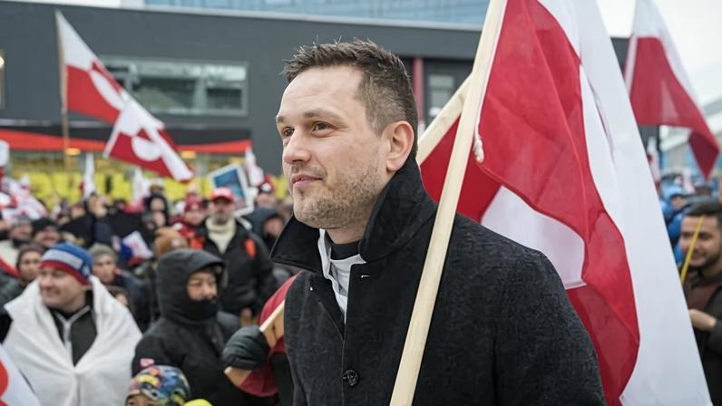 Jens-Frederik Nielsen takes part in a demonstration in Nuuk in which thousands people protested against Donald Trump’s plans to acquire Greenland.