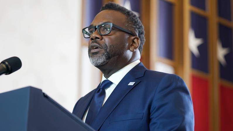 Brandon Johnson addresses a crowd in Chicago, Illinois, on 28 June 2023.