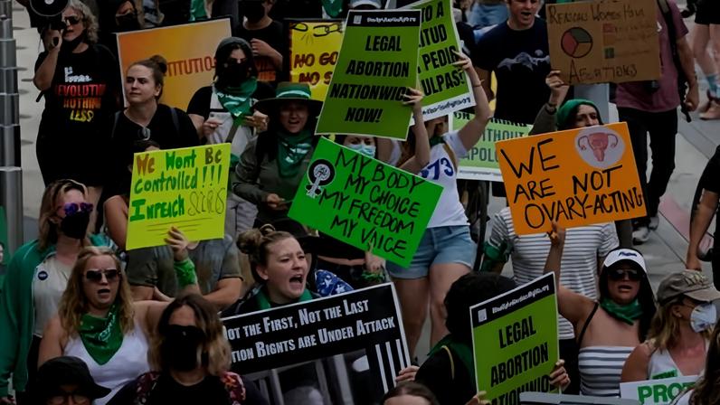 Abortion rights activists demonstrate in support of women's rights on 16 July 2022, in Santa Monica, California.