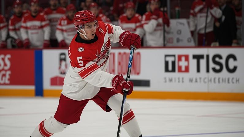 A Danish ice hockey player in mid strike on the ice