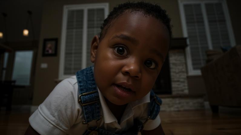 A baby in dungarees crawling on a front room floor