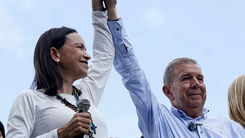 María Corina Machado and Edmundo González address supporters in Caracas in July 2024.