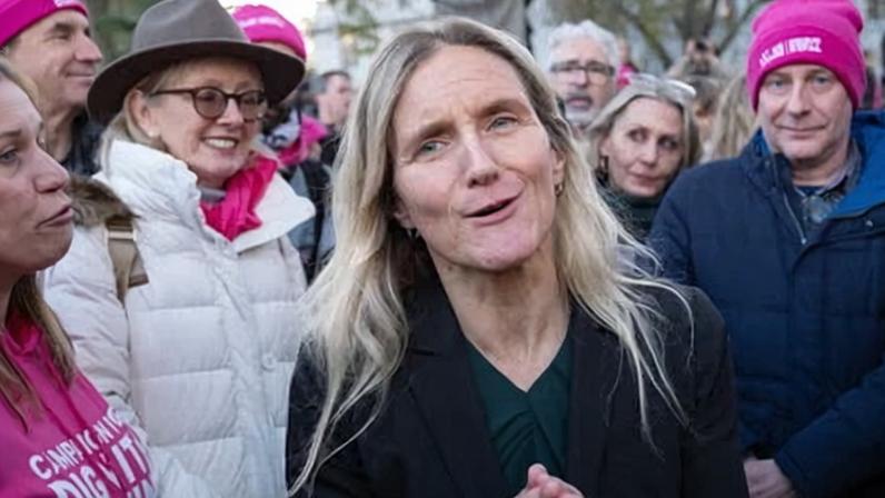Kim Leadbeater and supporters in Parliament Square after a Commons vote on her bill in November 2024.