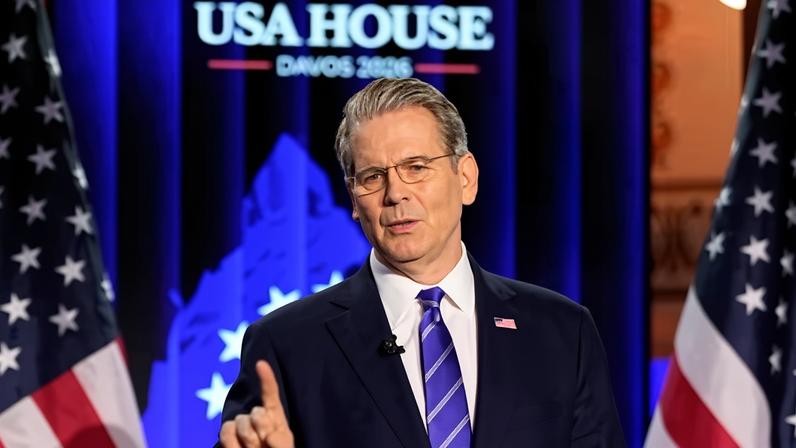 US treasury Secretary Scott Bessent speaks at the USA house during the World Economic Forum in Davos, Switzerland.