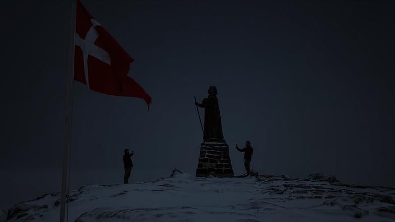Danish soldiers take pictures next to the statue of Hans Egede, at Nuuk's old harbour, Greenland, January 18, 2026. REUTERS/Marko Djurica