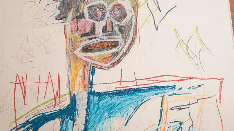 Works in the Headstrong exhibition include Untitled (Man with Hat) (1982). Many of the drawings in the series include dirt and marks from the floor of Basquiat’s studio