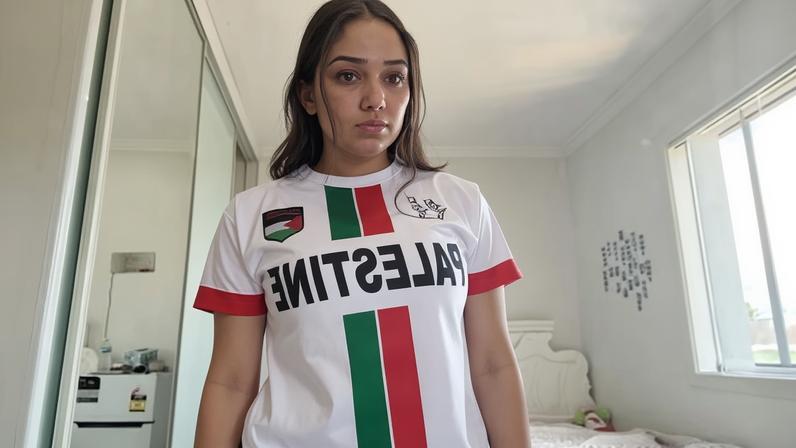 Ella Ajaje in the Club Deportivo Palestino jersey she was wearing when denied entry to an A-League match at Sydney’s Allianz Stadium on Sunday.