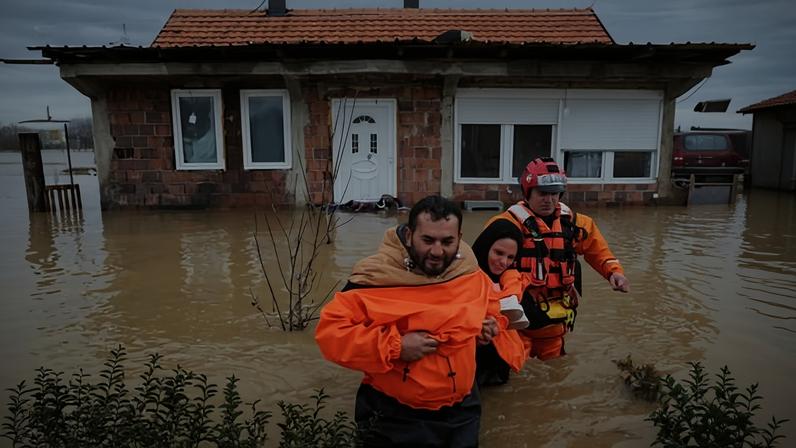Firefighters rescue a family from a flooded house in the village of Kuzmin in Kosovo.