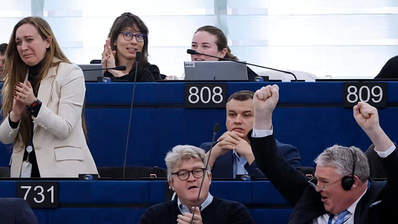 Members of the European parliament celebrate Wednesday’s vote to refer the EU-Mercosur trade deal to the court of justice.