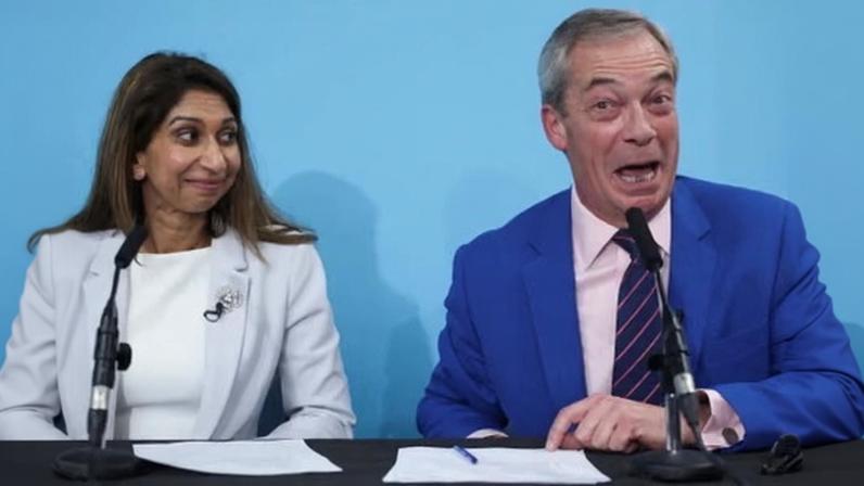 Reform UK leader Nigel Farage, right, told reporters he had never previously ruled out Suella Braverman joining his party.