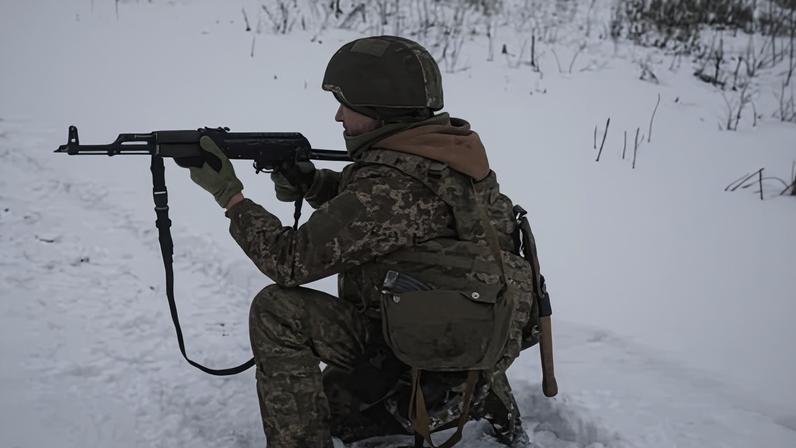 A soldier trains in the Kharkiv oblast, Ukraine, on 27 December.