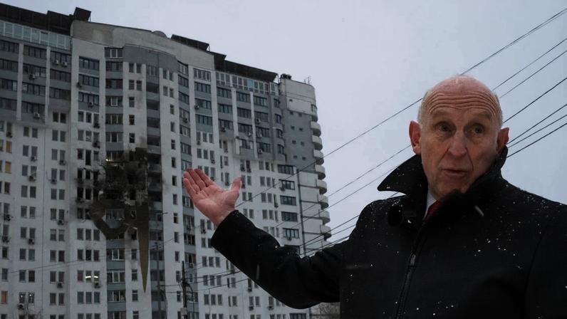 UK defence secretary John Healey at the scene of a Russian drone attack which hit a residential area in the east of Kyiv, killing one person.