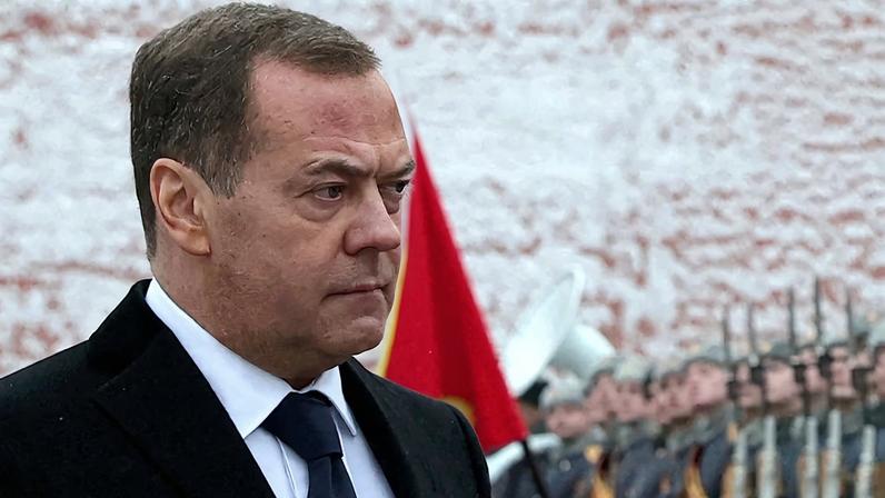 Russia's Deputy head of the Security Council Dmitry Medvedev takes part in a wreath laying ceremony marking Defender of the Fatherland Day at the Tomb of the Unknown Soldier by the Kremlin Wall in Moscow, Russia, February 23, 2024. Sputnik/Yekaterina Shtukina/Pool via REUTERS