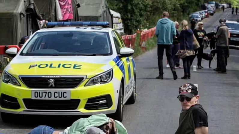 Protesters on the road during a demonstration outside MBR Acres, a dog breeding facility in Cambridgeshire.