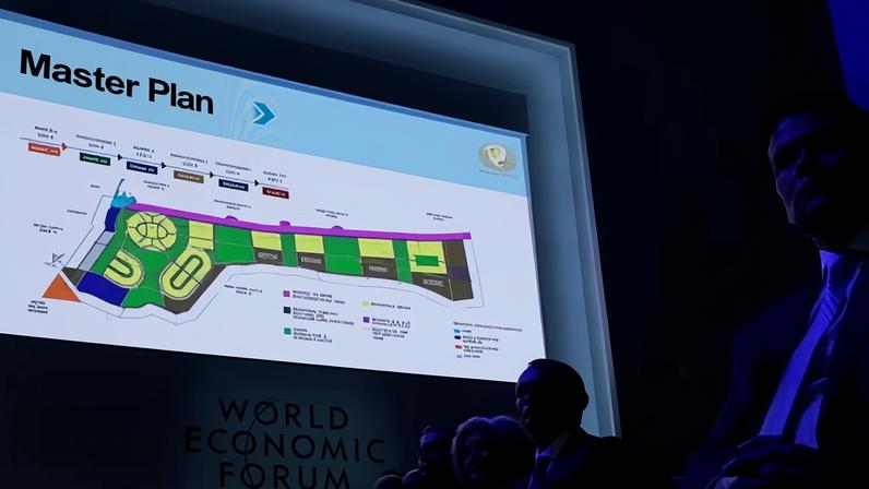 US plan for the reconstruction of Gaza is shown on a screen at Davos.