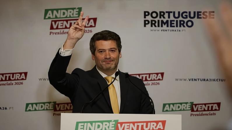Portuguese presidential candidate and Chega party leader Andre Ventura delivers a speech after exit polls and early results showed he and Socialist Party candidate Antonio Jose Seguro will head to a runoff next month, in Lisbon, Portugal