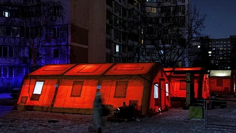 Tents at a government-run humanitarian aid point in Kyiv.