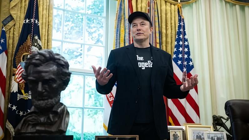 Elon Musk speaks in the Oval Office on 30 May 2025.