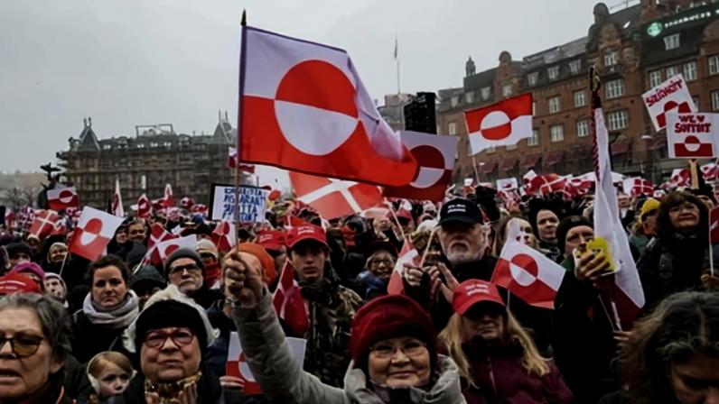 Protesters wave Greenland flags during a rally in Copenhagen, Denmark, on Saturday.