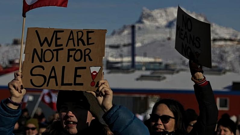 Protesters against US threats gather outside the American consulate in Nuuk, Greenland, in March 2025.