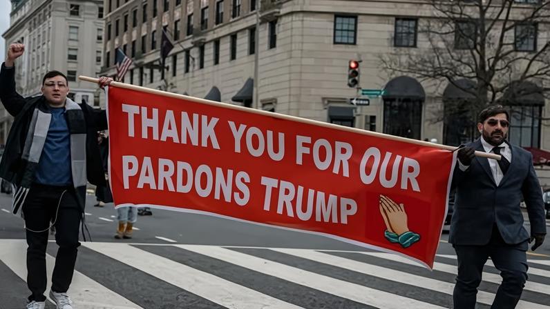 Pardoned January 6 participants march to the US Capitol on the 2026 anniversary.