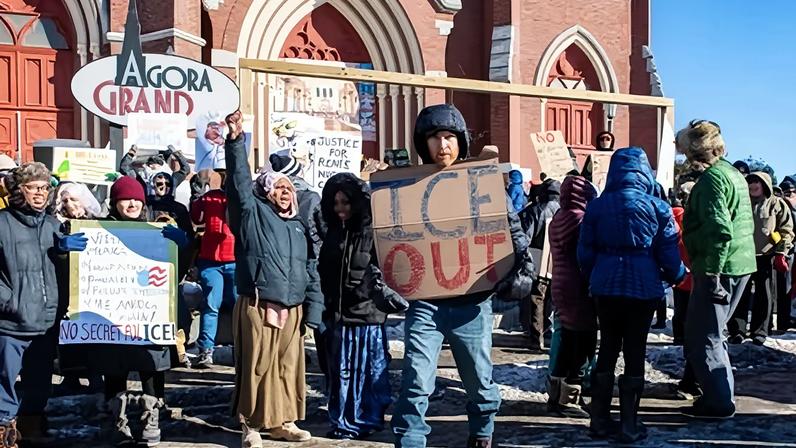 People protest against ICE in Lewiston, Maine, on 24 January 2026.