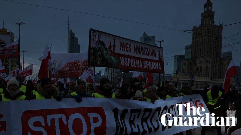 People in hi-vis jackets hold banner that says: Stop Mercosur
